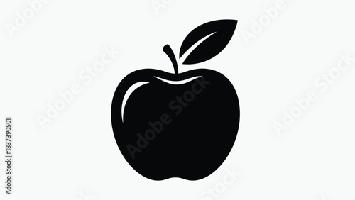 A simple black and white illustration of an apple with a single leaf