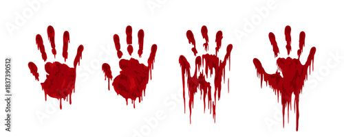 Bloody handprints with dripping effect. Horror vector set of red hand stains