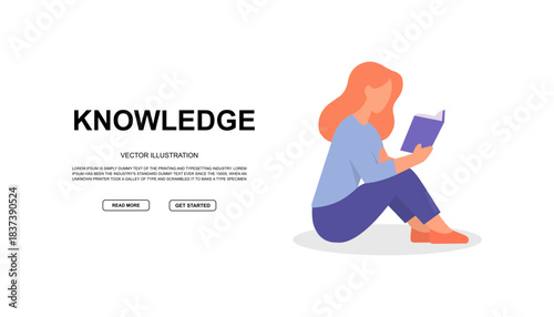 Minimal banner with red-haired woman reading book and KNOWLEDGE heading in flat style