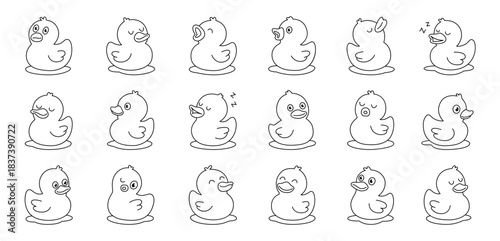 Set of outline rubber ducks in different poses. Simple vector line art for coloring pages, clipart, and kids projects.