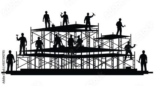Construction workers silhouetted on scaffolding actively building a structure