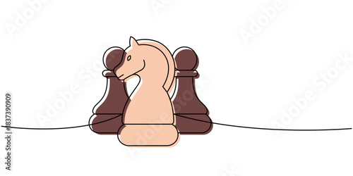 Abstract line illustration of a knight in beige, supported by two pawns in deep brown, minimal art of strength in numbers
