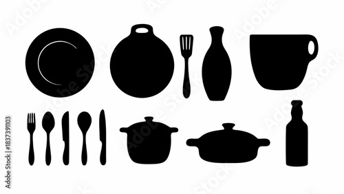 Essential black silhouette set featuring elegant kitchenware cooking utensils and dining tableware for modern culinary design