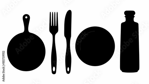 Sleek black silhouette dining set featuring cutting board fork knife plate and bottle perfect for modern restaurant design