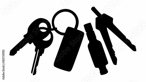 Essential black silhouette of a set of keys with a tag and small bottle charm against a stark white background