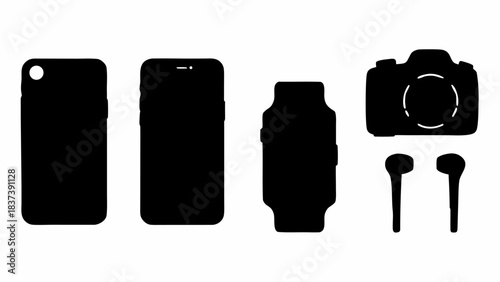 Essential modern technology gadgets silhouettes perfect for minimalist tech presentations or accessory mockups