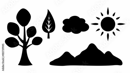 Stunning minimalist nature icons set featuring sun, cloud, tree, leaf, and mountain silhouettes perfect for design projects