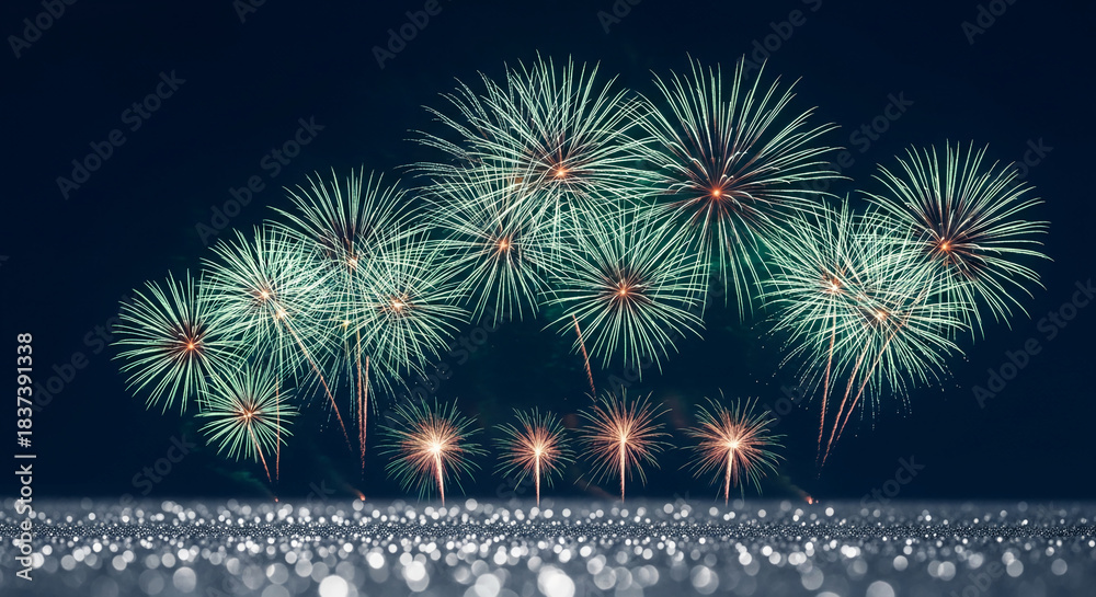 Fototapeta premium Image of bursting teal and orange fireworks against a night sky over a blurred, sparkling foreground, symbolizing celebration and festive event