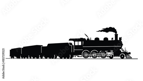 A classic black silhouette illustration of a vintage steam locomotive train