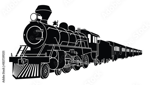 A black and white illustration of a vintage steam locomotive train