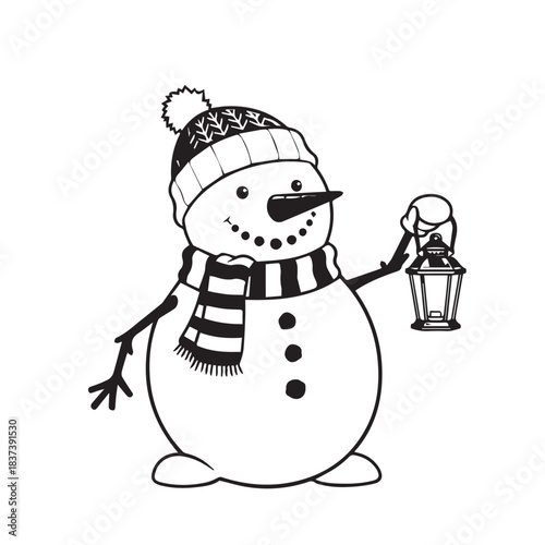 Playful winter snowman holding a lantern, wearing a hat and scarf in a cheerful outdoor scene.