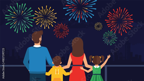 Modern flat vector illustration of a family watching colorful fireworks on New Year’s Eve, celebrating happily outdoors together. Ideal for holiday design, festive content, and celebration themes