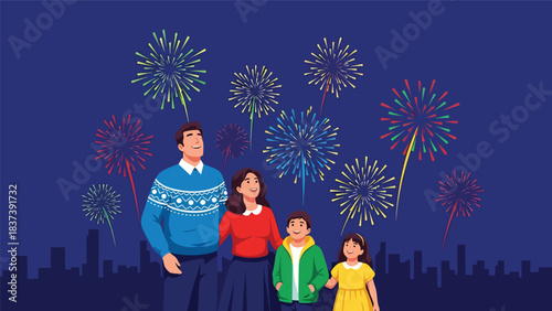 Modern flat vector illustration of a family watching colorful fireworks on New Year’s Eve, celebrating happily outdoors together. Ideal for holiday design, festive content, and celebration themes