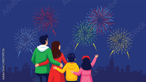 Modern flat vector illustration of a family watching colorful fireworks on New Year’s Eve, celebrating happily outdoors together. Ideal for holiday design, festive content, and celebration themes