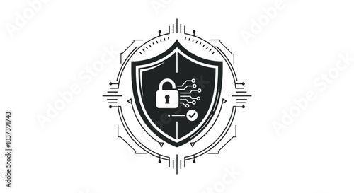 Digital security shield with a lock inside a modern technology silhouette