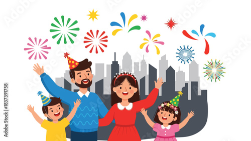 Modern flat vector illustration of a family watching colorful fireworks on New Year’s Eve, celebrating happily outdoors together. Ideal for holiday design, festive content, and celebration themes
