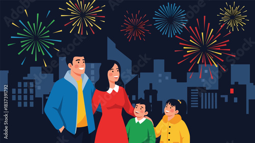 Modern flat vector illustration of a family watching colorful fireworks on New Year’s Eve, celebrating happily outdoors together. Ideal for holiday design, festive content, and celebration themes