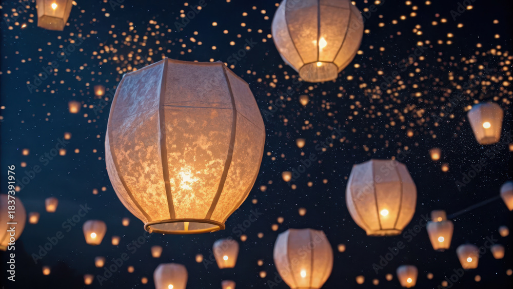 Fototapeta premium Mystical carnival illustration. Floating lanterns illuminate night sky with mystical and enchanting glow
