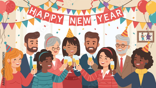 Modern flat vector illustration of people clinking sparkling drinks during a New Year toast. Ideal for festive branding, party celebration content, and holiday visuals
