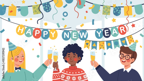 Modern flat vector illustration of people clinking sparkling drinks during a New Year toast. Ideal for festive branding, party celebration content, and holiday visuals