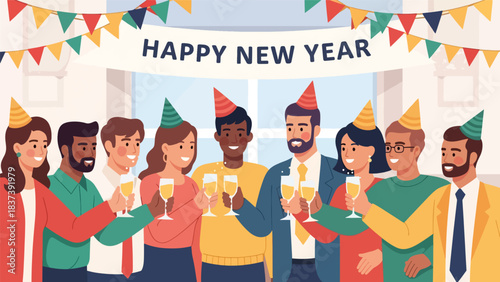 Modern flat vector illustration of people clinking sparkling drinks during a New Year toast. Ideal for festive branding, party celebration content, and holiday visuals