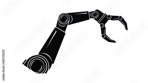 A black and white illustration of a robotic arm with a gripping claw