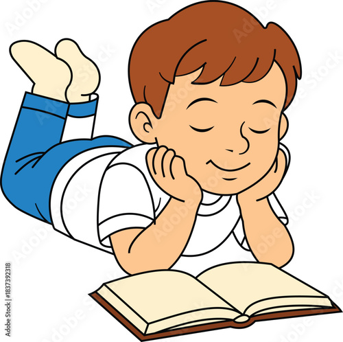 Boy Lying Down Reading a Book child