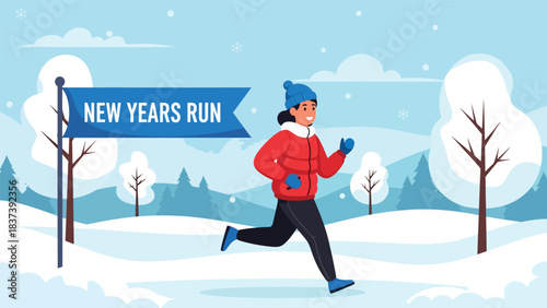 Modern flat vector illustration of a person jogging as part of a healthy New Year fitness start. Ideal for wellness, motivation, and positive lifestyle design