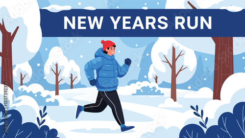 Modern flat vector illustration of a person jogging as part of a healthy New Year fitness start. Ideal for wellness, motivation, and positive lifestyle design