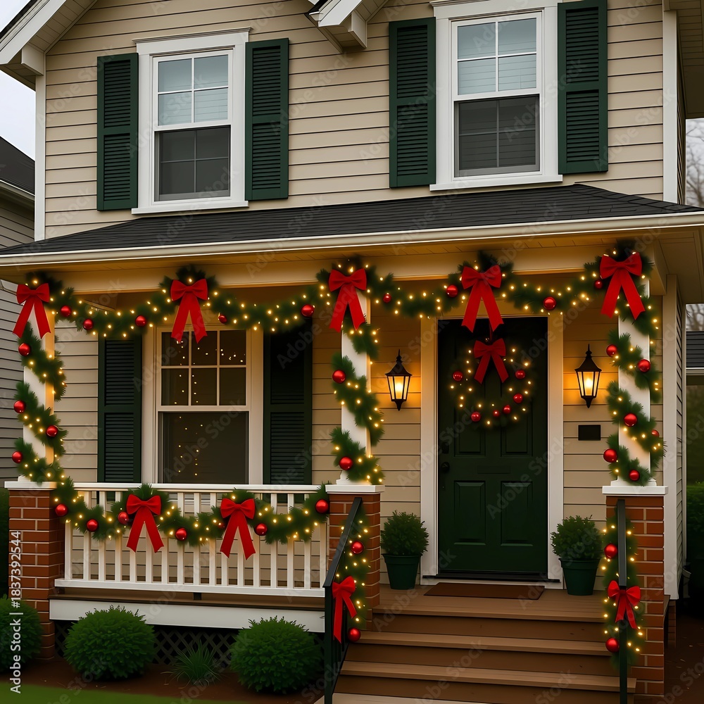 Fototapeta premium A house is decorated for Christmas with garlands, red bows, and warm lights. The decorations cover the porch and highlight the entryway, creating a festive atmosphere for the holiday Generative AI