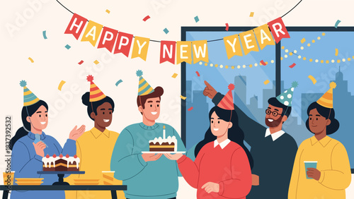 Modern flat vector illustration of coworkers celebrating New Year with cake, party hats, and a “Happy New Year” banner. Ideal for corporate greetings and office illustrations
