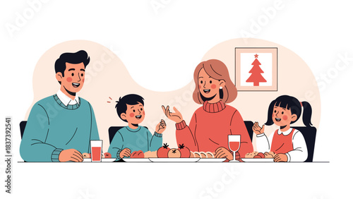 Modern flat vector illustration of a family enjoying a New Year dinner with festive food, conversation, and decorations. Ideal for cultural celebrations and holiday branding