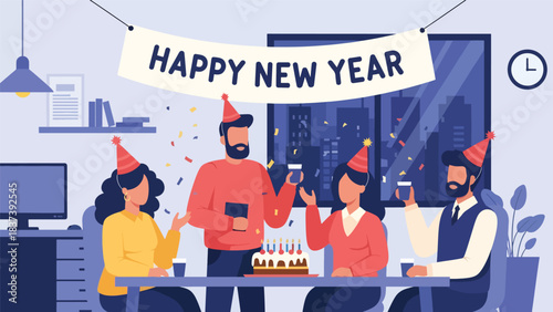 Modern flat vector illustration of coworkers celebrating New Year with cake, party hats, and a “Happy New Year” banner. Ideal for corporate greetings and office illustrations