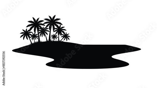 A silhouetted tropical island with palm trees against a white background
