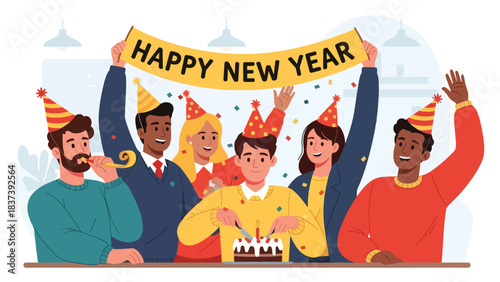 Modern flat vector illustration of coworkers celebrating New Year with cake, party hats, and a “Happy New Year” banner. Ideal for corporate greetings and office illustrations
