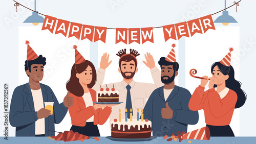 Modern flat vector illustration of coworkers celebrating New Year with cake, party hats, and a “Happy New Year” banner. Ideal for corporate greetings and office illustrations