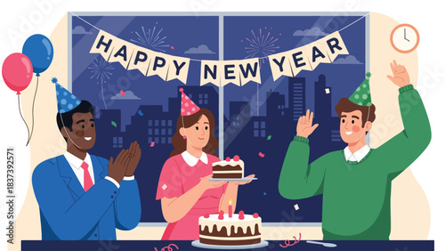 Modern flat vector illustration of coworkers celebrating New Year with cake, party hats, and a “Happy New Year” banner. Ideal for corporate greetings and office illustrations