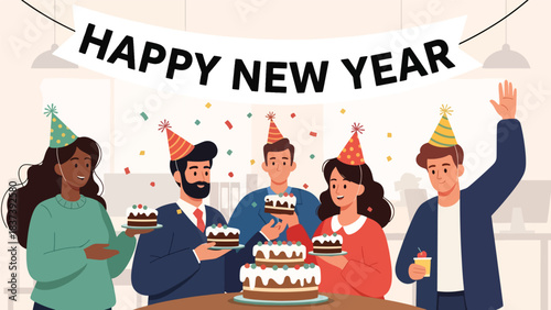Modern flat vector illustration of coworkers celebrating New Year with cake, party hats, and a “Happy New Year” banner. Ideal for corporate greetings and office illustrations