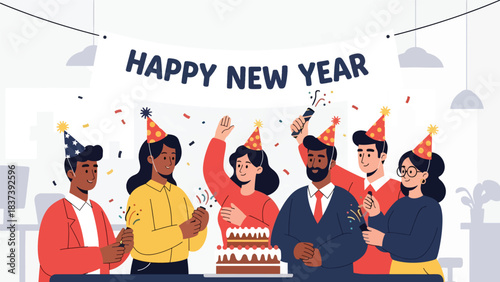 Modern flat vector illustration of coworkers celebrating New Year with cake, party hats, and a “Happy New Year” banner. Ideal for corporate greetings and office illustrations