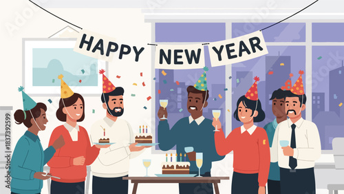 Modern flat vector illustration of coworkers celebrating New Year with cake, party hats, and a “Happy New Year” banner. Ideal for corporate greetings and office illustrations