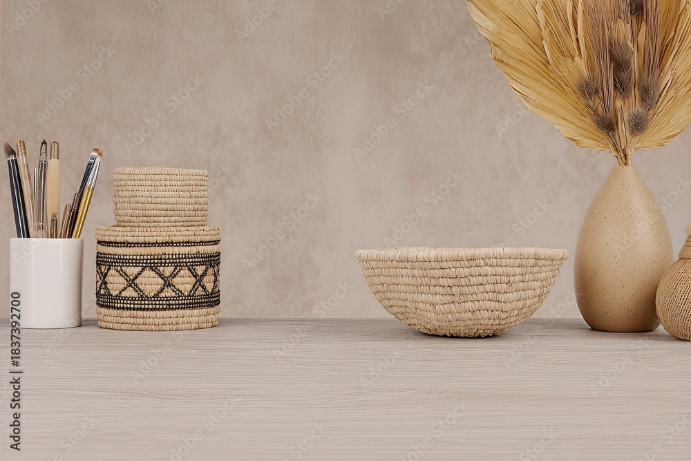 Fototapeta premium Bazaar Poster Concept Background Features Stacked Baskets and Decor Items on a Simple Table