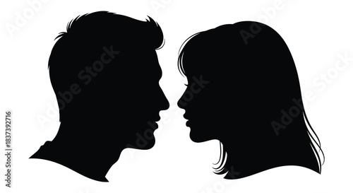 Couple facing each other in profile a striking black and white silhouette