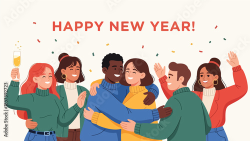 Modern flat vector illustration of friends hugging and wishing “Happy New Year” with confetti and decorations. Ideal for greeting cards and celebration visuals