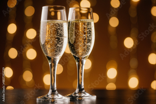 Two champagne glasses filled with sparkling wine, set against a festive backdrop of twinkling lights, celebrating a joyful occasion.