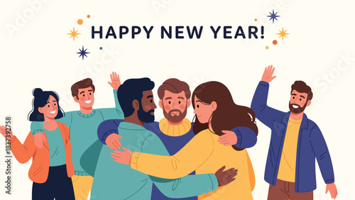 Modern flat vector illustration of friends hugging and wishing “Happy New Year” with confetti and decorations. Ideal for greeting cards and celebration visuals