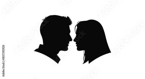 A romantic couple facing each other in a striking black silhouette