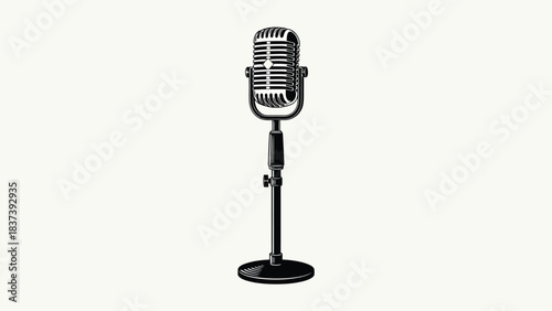 Vintage style microphone stands prominently on a neutral off white background