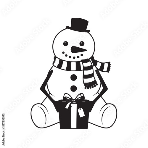Whimsical black and white snowman illustration holding a gift with scarf and hat in a simple, cheerful winter scene.