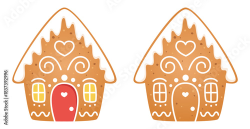 Set of gingerbread Christmas house cookies decorated with white and different colored icing. Winter holidays or homemade food theme. Vector illustration on white background.