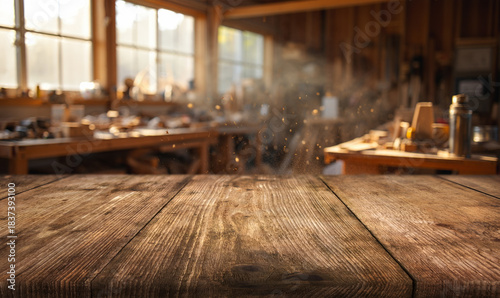 A cozy home workshop with beautifully illuminated flying dust and sawdust, with a wooden table in the foreground
